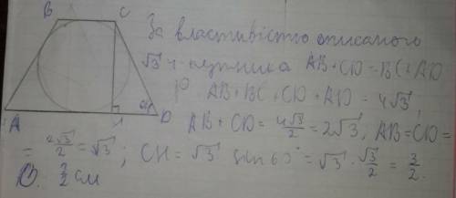Урівнобічну трапецію з гострим кутом 60°вписано коло, периметр трапеці дорівнює 4 кореня з 3. знайді