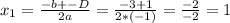 x_{1} = \frac{-b+-D}{2a} = \frac{-3+1}{2*(-1)} = \frac{-2}{-2} =1