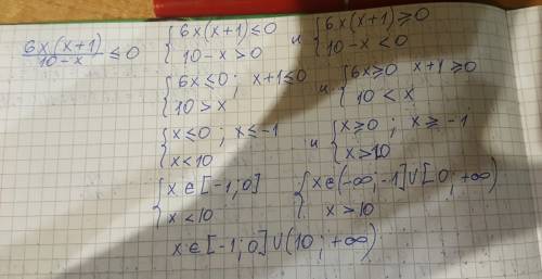 Решить неравенство (6x(x+1))/10-x < =0