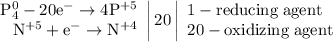 \left. \begin{array}{r} \mathrm{P_{4}^{0} - 20e^{-} \to 4P^{+5}} \\ \mathrm{N^{+5} + e^{-} \to N^{+4}} \end{array} \right|20 \left| \begin{array}{l} \mathrm{1 - reducing\;agent} \\ \mathrm{20 - oxidizing\;agent} \end{array} \right.