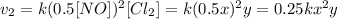 v_{2} = k(0.5[NO])^{2}[Cl_{2}] = k(0.5x)^{2}y = 0.25kx^{2}y