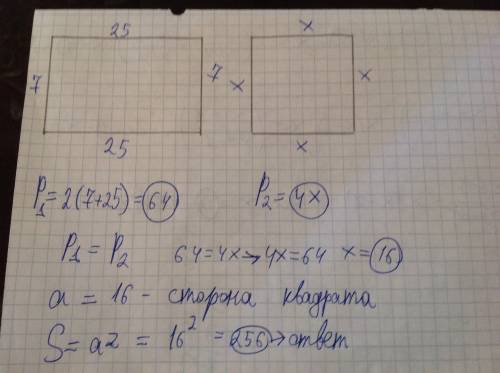 Стороны прямоугольника равны 7 см и 25 см. найдите площадь квадрата, периметр которого равен перимет