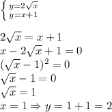 \left \{ {{y=2 \sqrt{x} } \atop {y=x+1}} \right. \\\\&#10;2 \sqrt{x} =x+1\\&#10;x-2 \sqrt{x} +1=0\\&#10;( \sqrt{x} -1)^2=0\\&#10;\sqrt{x} -1=0\\&#10; \sqrt{x} =1\\&#10;x=1 \Rightarrow y=1+1=2&#10;