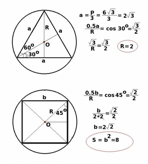 Периметр правильного трикутника, вписаного в коло, дорівнює 6√3 см. знайти площу квадрата, описаного