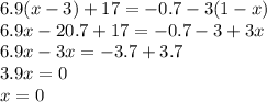 6.9(x-3)+17=-0.7-3(1-x)\\&#10;6.9x-20.7+17=-0.7-3+3x\\&#10;6.9x-3x=-3.7+3.7\\&#10;3.9x=0\\&#10;x=0&#10;