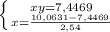 \left \{ {{xy=7,4469} \atop {x= \frac{10,0631-7,4469}{2,54} }} \right.