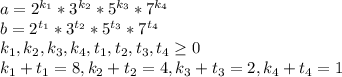 a=2^{k_1}*3^{k_2}*5^{k_3}*7^{k_4}\\b=2^{t_1}*3^{t_2}*5^{t_3}*7^{t_4}\\k_1,k_2,k_3,k_4,t_1,t_2,t_3,t_4\geq 0\\k_1+t_1=8, k_2+t_2=4, k_3+t_3=2, k_4+t_4=1