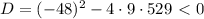 D=(-48)^2-4\cdot9\cdot529\ \textless \ 0