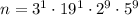 n=3^1\cdot 19^1\cdot2^9\cdot5^9