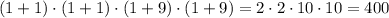 (1+1)\cdot(1+1)\cdot(1+9)\cdot(1+9)=2\cdot2\cdot10\cdot10=400