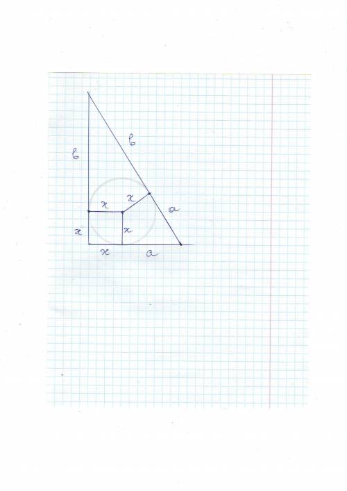 Впрямоугольном треугольнике точка касания вписанной окружности делит гипотенузу на отрезки a и b. на
