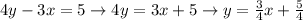 4y-3x=5 \rightarrow4y=3x+5 \rightarrow y= \frac{3}{4} x+ \frac{5}{4}