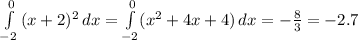 \int\limits^0_{-2} {(x+2)^{2} } \, dx = \int\limits^0_{-2}( { x^{2} +4x+4}) \, dx = -\frac{8}{3} =-2.7