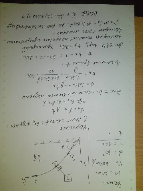 Снаряд массой m=20 кг, выпущенный со скоростью v0=600 м/с под углом альфа= 30 к горизонту, через t =