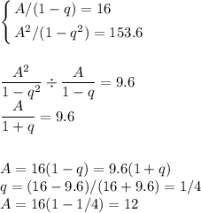 \displaystyle&#10;\left\{\begin{aligned}&A/(1-q)=16\\&#10;&A^2/(1-q^2) =153.6\end{aligned}\right.\\\\\\&#10;\frac{A^2}{1-q^2}\div\frac{A}{1-q} = 9.6\\&#10;\frac{A}{1+q} = 9.6\\\\\\&#10;A = 16(1-q) = 9.6(1+q)\\&#10;q = (16-9.6)/(16+9.6) = 1/4\\&#10;A = 16(1-1/4) = 12