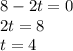 8-2t=0\\2t=8\\t=4