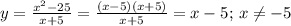 y=\frac{x^2-25}{x+5}=\frac{(x-5)(x+5)}{x+5}=x-5;\,x\neq-5