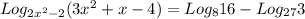 Log_{2 x^{2} -2} (3 x^{2} +x-4)= Log_{8} 16- Log_{27}3