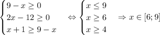 \begin {cases} 9-x \geq 0 \\ 2x-12 \geq 0 \\ x+1 \geq 9-x\end {cases} \Leftrightarrow \begin {cases} x \leq 9 \\ x \geq 6 \\ x \geq 4 \end {cases} \Rightarrow x \in [6;9]