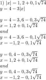 1) \ |x| = 1,2 + 0,1 \sqrt{74} \\ y = 4 - 3|x| \\ \\ y = 4 - 3,6 - 0,3 \sqrt{ 74} \\ x = 1,2 + 0,1 \sqrt{74} \\ and \\ y = 4 - 3,6 - 0,1 \sqrt{ 74} \\ x = -1,2 - 0,1 \sqrt{74} \\ \\ y = 0,4 - 0,3 \sqrt{74} \\ x = 1,2 + 0,1 \sqrt{74} \\ and \\ y = 0,4 - 0,3 \sqrt{74} \\ x = -1,2 - 0,1 \sqrt{74}