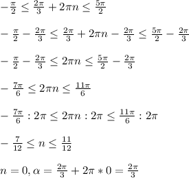 -\frac{ \pi}{2} \le \frac{2\pi}{3} +2\pi n \le \frac{5 \pi }{2} \\ \\-\frac{ \pi }{2} - \frac{2\pi}{3}\le \frac{2 \pi}{3} +2 \pi n-\frac{2\pi}{3} \leq \frac{5 \pi }{2}- \frac{2 \pi}{3} \\ \\-\frac{ \pi}{2}-\frac{2\pi }{3}\le 2\pi n \leq \frac{5\pi }{2}- \frac{2 \pi}{3}\\ \\ -\frac{7\pi}{6} \leq 2 \pi n \leq\frac{11 \pi }{6} \\ \\ -\frac{7 \pi }{6} :2 \pi \leq 2 \pi n:2 \pi \leq \frac{11\pi }{6} :2\pi \\ \\ -\frac{7 }{12} \leq n \leq \frac{11 }{12} \\ \\ n=0, \alpha = \frac{2\pi}{3}+2\pi*0= \frac{2\pi}{3}