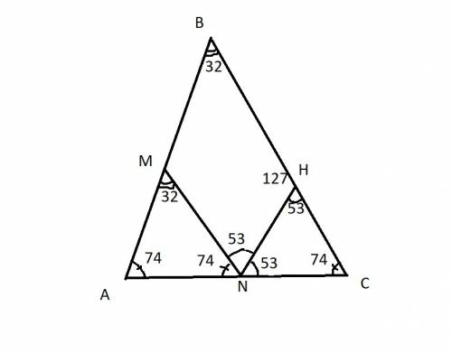 Втреугольнике abc ab=bc , на сторонах ab и ac отмечены точки m и n так, что mn||bc , nh - биссектрис