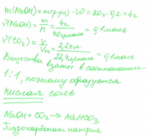 Через 20г. розчину з масовою часткою натрій гідроксиду 20 % пропустили 2,24 л. карбон(4) оксиду (н.