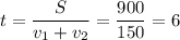 t= \dfrac{S}{v_1+v_2}= \dfrac{900}{150}=6