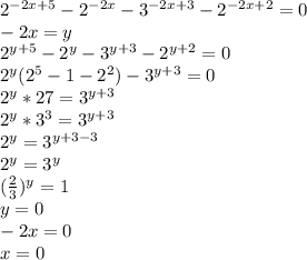 2^{-2x+5}-2^{-2x}-3^{-2x+3}-2^{-2x+2}=0&#10;\\-2x=y&#10;\\2^{y+5}-2^y-3^{y+3}-2^{y+2}=0&#10;\\2^y(2^5-1-2^2)-3^{y+3}=0&#10;\\2^y*27=3^{y+3}&#10;\\2^y*3^3=3^{y+3}&#10;\\2^y=3^{y+3-3}&#10;\\2^y=3^y&#10;\\ (\frac{2}{3})^y=1&#10;\\y=0&#10;\\-2x=0&#10;\\x=0