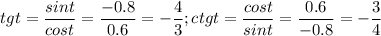 $tgt=\frac{sint}{cost}=\frac{-0.8}{0.6}=-\frac{4}{3}; ctgt=\frac{cost}{sint}=\frac{0.6}{-0.8} = -\frac{3}{4}