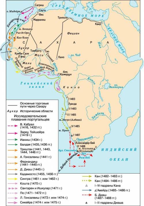 Пользуясь картой,расскажите об экспедициях португальцев вдоль западного берега африки и открытие мор