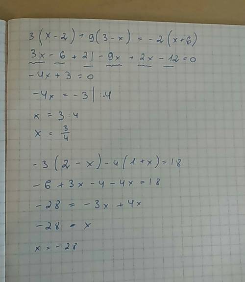 3(x-2)+9(3-x)=-2(x+6) -3(2-x)-4(1+x)=18