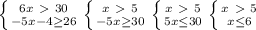 \left \{ {{6x\ \textgreater \ 30} \atop {-5x-4 \geq 26}} \right. &#10; \left \{ {{x\ \textgreater \ 5} \atop {-5x \geq 30}} \right. &#10; \left \{ {{x\ \textgreater \ 5} \atop {5x \leq 30}} \right. &#10; \left \{ {{x\ \textgreater \ 5} \atop {x \leq 6}} \right.