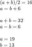 (a+b)/2=16\\a=b+6\\\\a+b=32\\a-b=6\\\\ a=19\\b=13