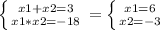 \left \{ {{x1+x2=3} \atop {x1*x2=-18}} \right. = \left \{ {x1=6} \atop {x2=-3}} \right.