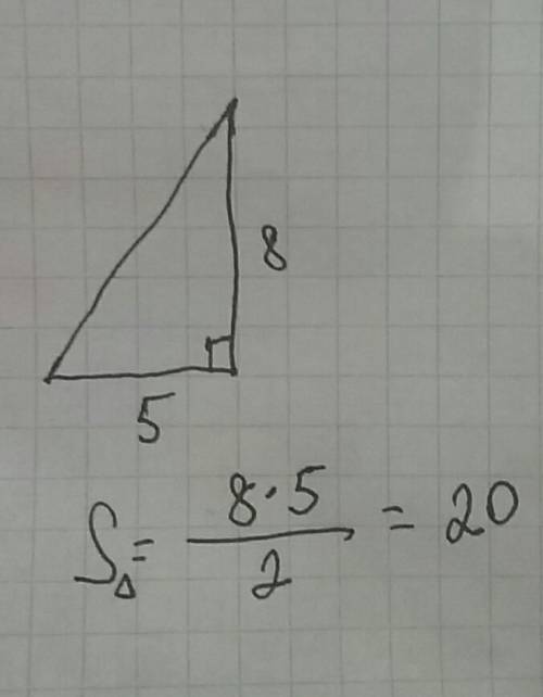 Найдите площадь прямоугольного треугольника катета которого равен 5 и 8