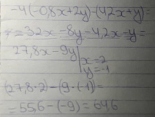 Решите выражение и найди его значение: -4*(-0,8x+,2x+y) при x=2, y=-1