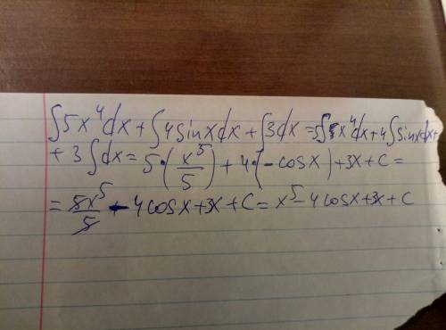 Вычислить неопределенный интеграл ∫(5x^4+4sinx+3)dx