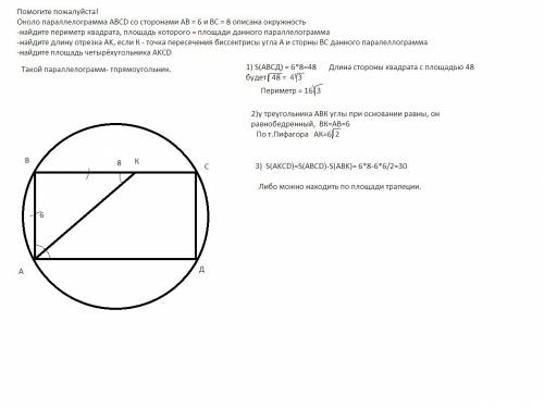 Около параллелограмма abcd со сторонами ab = 6 и вс = 8 описана окружность -найдите периметр квадрат