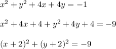 x^2+y^2+4x+4y=-1\\ \\ x^2+4x+4+y^2+4y+4=-9\\ \\ (x+2)^2+(y+2)^2=-9