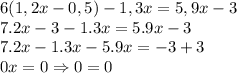 6(1,2x-0,5)-1,3x = 5,9x-3\\&#10;7.2x-3-1.3x=5.9x-3\\&#10;7.2x-1.3x-5.9x=-3+3\\&#10;0x=0 \Rightarrow 0 = 0&#10;