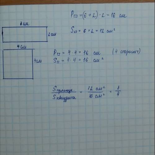 Начерти квадрат, периметр которого равен периметру прямоугольника со сторонами 2см 6 см