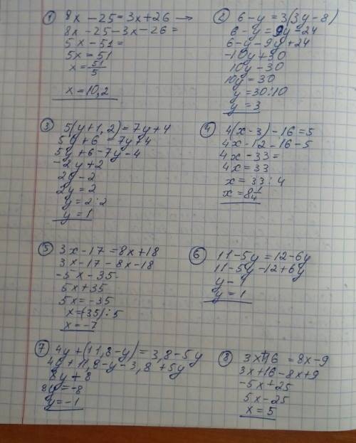 Решить уравнения- 8x-25=3x+26. 6-y=3 (3y-8). 5(y+1,2)=7y+4. 4(x-3)-16=5. 3x-17=8x+18. 11-5y=12-6y. 4