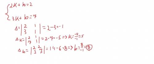 График функции y=kx+b проходит через точки (2; 2) и (3; 7).найти k и b