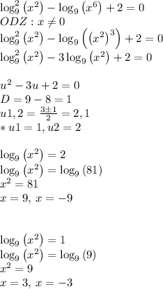 \log ^2_9\left(x^2\right)-\log _9\left(x^6\right)+2=0 \\ ODZ:x \neq 0 \\ \log ^2_9\left(x^2\right)-\log _9\left(\left(x^2\right)^3\right)+2=0 \\ \log ^2_9\left(x^2\right)-3\log _9\left(x^2\right)+2=0 \\ \\ u^2-3u+2=0 \\ D=9-8=1 \\ u1,2= \frac{3б1}{2} =2,1 \\ *u1=1,u2=2 \\ \\ \log _9\left(x^2\right)=2 \\ \log _9\left(x^2\right)=\log _9\left(81\right) \\ x^2=81 \\ x=9,\:x=-9 \\ \\ \\ \log _9\left(x^2\right)=1 \\ \log _9\left(x^2\right)=\log _9\left(9\right) \\ x^2=9 \\ x=3,\:x=-3 \\ \\ \\