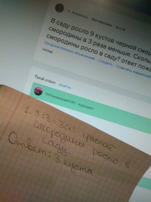 Всаду росло 9 кустов черной смородины, а красной смородины в 3 раза меньше. сколько кустов красной с