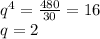 q^4=\frac{480}{30}=16\\q=2