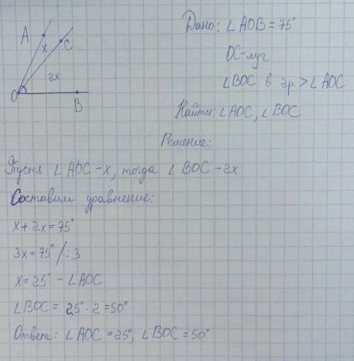 Решите .между сторонами угла ab равного 75 ,проходит луч c.угол bc в два раза больше угла ac.найдите