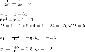 -\frac{1}{2x^{2}}=\frac{1}{2x}-3\\\\&#10;-1=x-6x^{2}\\&#10;6x^{2}-x-1=0\\&#10;D = 1+1*6*4=1+24=25, \sqrt{D}=5\\\\&#10;x_{1}=\frac{1-5}{12}=-\frac{1}{3}, y_{1}=-4,5\\\\&#10;x_{2}=\frac{1+5}{12}=0,5, y_{2}=-2\\