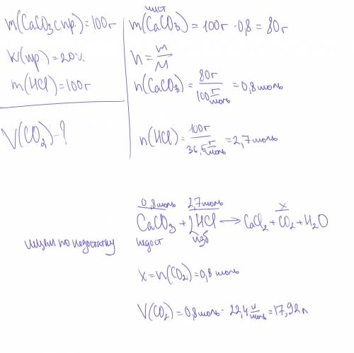 Какой объем углекислого газа (н.у) можно получить при взаимодействии 100г известняка содержащего 20%